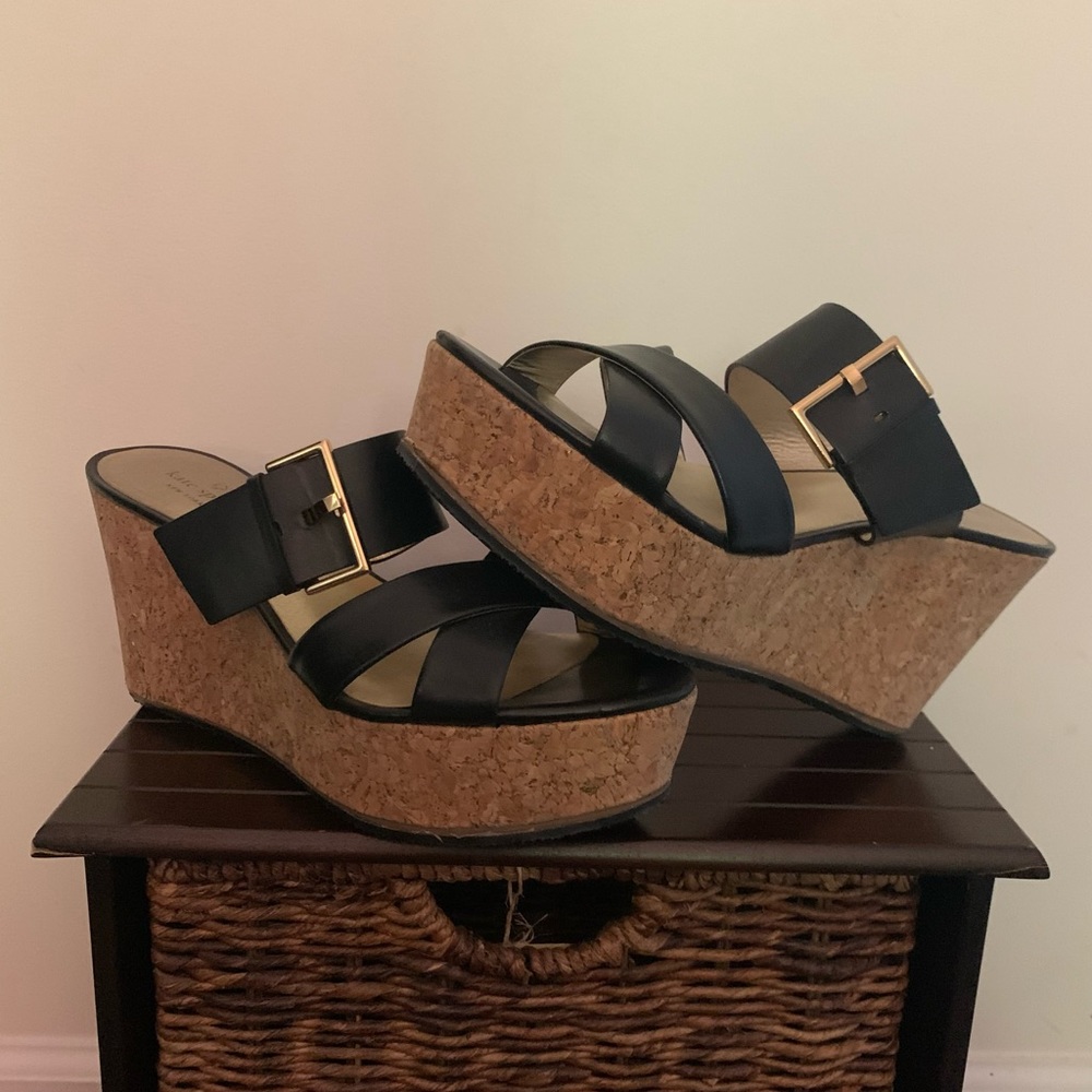 Women’s Kate Spade Leather Corkscrew Wedge Sandals Size 9.5M EUC